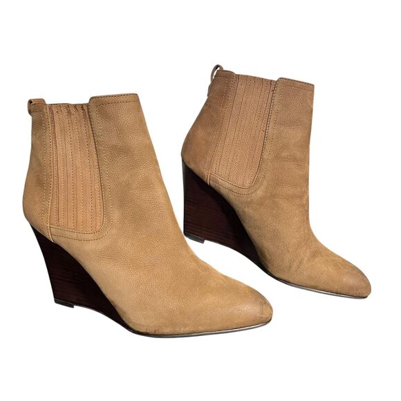 Sam Edelman Wedge Boots Womens Size 8.5 Tan Leather Chelsea Pointed Toe Booties - Picture 1 of 12